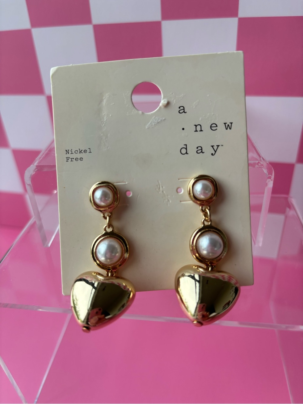 a new day Gold Heart Drop Earrings with Faux Pearls